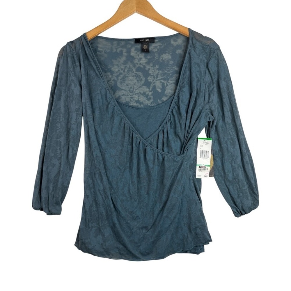 NWT Nine West Jeans Sheer Floral Burnout Long Sleeve Blouse size Large Teal